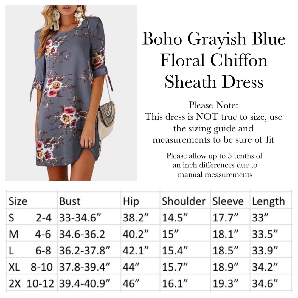 Boho Grayish Blue Floral Chiffon Sheath Dress - Picture 8 of 8